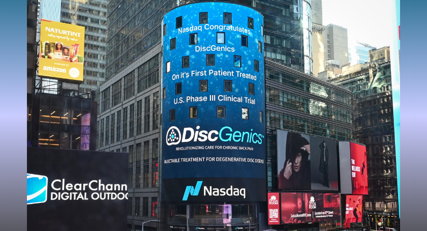 DiscGenics Earns Times Square Recognition for its Injectable Disc Cell Therapy Trial